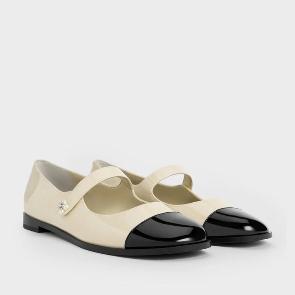 Charles & Keith EUC Patent Pearl-Embellished Flower-Buckle Cap-Toe Mary Janes